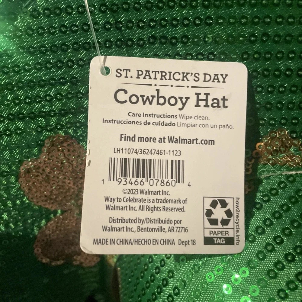 St. Patrick's Day Sequined Cowboy Hat Adult Size Fits Most Plush & Fabric Green